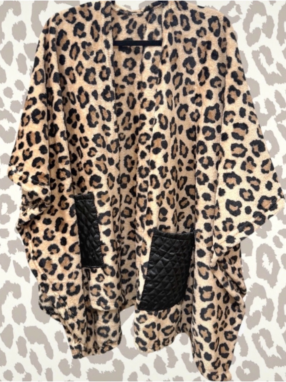 Leopard Print Shaw with Black Quilted Pockets